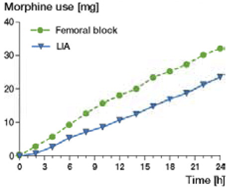 Figure 2. Average morphine use (PCA) in mg for the 2 groups during the first 24 h after surgery (n = 20 in each group).