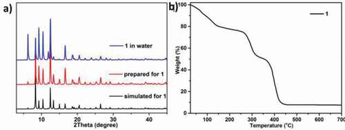 Figure 2. (a) The diagram of PXRD for complex 1. (b) Complex 1’s curve of TGA curve