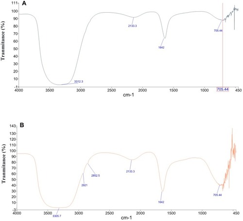 Figure 5 FTIR spectra of (A) blank niosomes and (B) niosomes containing 1:1 volume ratio of encapsulated lysostaphin and encapsulated LL-37.