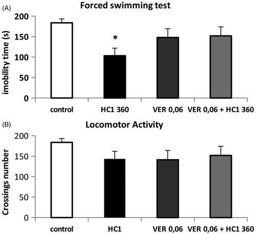 Figure 1. Effects of co-administration of HC1 (360 mg/kg, p.o.) and veratrine (0.06 mg/kg i.p.) on immobility time in the forced swimming test (A) and number of crossings in open-field test (B) in mice. Results expressed as mean ± SEM. *p < 0.05 compared to control groups (one-way ANOVA followed by Dunnett’s test).