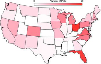 Figure 2 A map of the number of polls in each state. States more heavily polled are indicated by a darker shade. The maximum number of polls is 79, which happened in Ohio. There were no polls in Alaska or the District of Columbia. There were two polls in Hawaii. Note the relatively heavy polling of the battleground states. Source: Real Clear Politics (2012).
