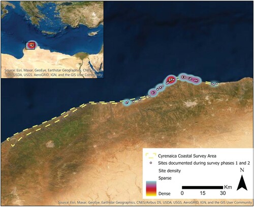 Figure 6. Map showing sites documented during the first two phases of the Cyrenaica Coastal Survey (produced on ArcGIS).