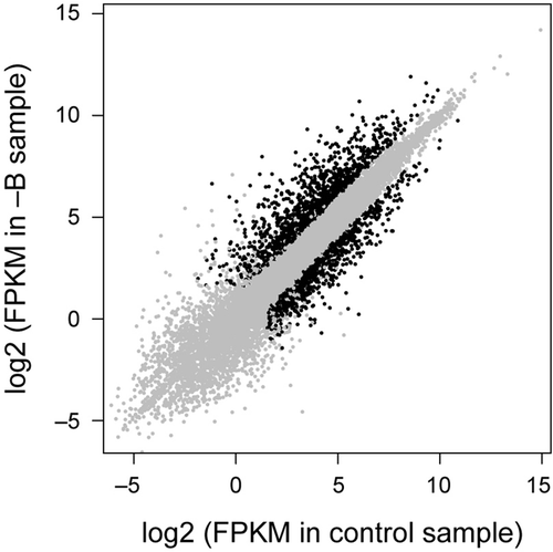 Figure 6. Scatter plot of expression values of genes in B-deprived and control samples. Log 2 values of fragments per kilobase of exon per million mapped sequence reads (FPKM) in each sample are plotted. Genes with significant differences in expression between B-deprived and control sample [false discovery rate ≤0.05 and an absolute value of log2 (fold change) ≥1] are shown as black dots, whereas those without significant differences are shown as gray dots.