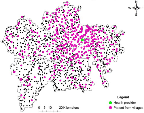 Fig. 1 The residential village (pink dot) of all patients visiting one of the informal health care providers (green dot) during the entire study period.