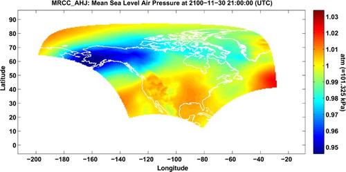 Fig. 4 Snapshot of the mean sea level air pressures at 2100 utc 30 November 2100 using the CTRCM/AHJ solution.