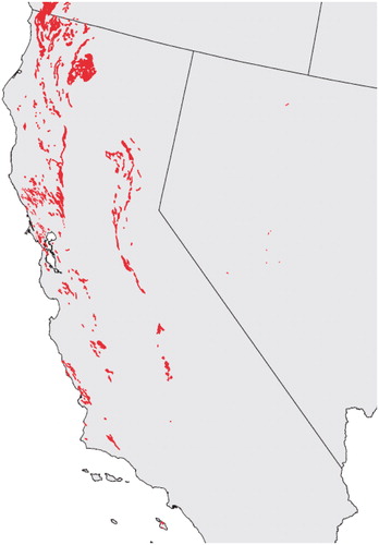 Figure 1. Ultramafic rock deposits in California (southern part, truncated in this figure, has no deposits).