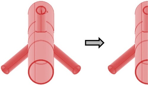 Figure 6. Half of the entire three-planar Y-joint that is required to be modelled under the 1st and 2nd axial, 1st and 2nd IPB moment, and 1st OPB moment loading conditions (This figure is available in colour online).