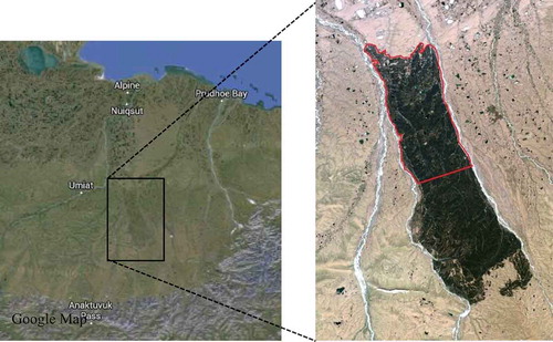 Figure 2. Landsat 5 image on 14 June 2008 shows the burn scar of Anaktuvuk River Fire (69°21ʹN 150°50ʹW). Band combination – 3:2:1 – red:green:blue. Red line indicates the study area.