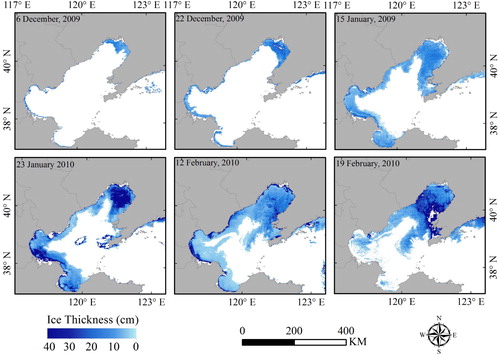 Figure 6. SIT map of the Bohai Sea on the day when the maximum ice extent occurred in the six periods during the winter of 2009–2010.