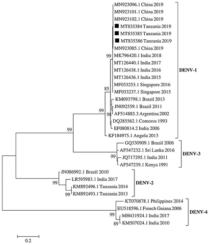 Figure 2. Phylogenetic tree of DENV partial polyprotein gene sequences at capsid pre-membrane junction region (CprM). DENV-1 strains detected during the 2019 outbreak in Tanzania are indicated in black squares. The evolutionary relationship was inferred by the Maximum likelihood method in 1000 bootstrap replicates. The bootstrap support values >80% are shown at the nodes. The scale bar indicates nucleotide substitutions per site