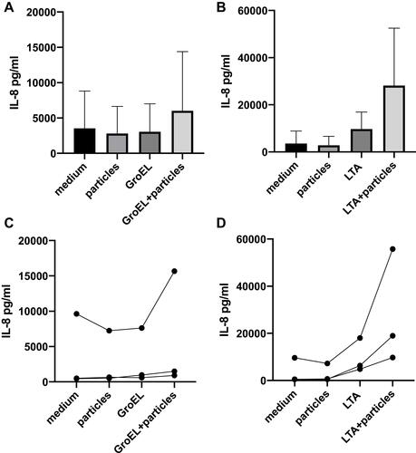 Figure 5 (A–D) Release of IL-8 by human osteoblasts. Osteoblasts were stimulated with metal wear particles 1x106, GroEL 0.1 μg/mL (A), LTA 0.1 μg/mL (B), and a combination of wear particles and bacterial products together. An increased release of IL-8 could be detected (mean values are shown). The absolute numbers varied widely among the patients (p>0.05), but the stimulus-response pattern was similar. Therefore individual data of 3 patients are shown in (C and D).