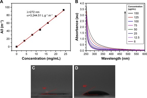 Figure 1 Water solubility, wetting transparency, and surface energy of GQDs.Notes: (A) The absorbance (λex =275 nm) as a function of concentration, where A and l represent absorbency and cell length respectively. The experimental data (symbols) are well described by the Lambert-Beer law (line), which indicates good water solubility of the prepared GQDs. (B) UV/Vis absorption spectra of GQD having concentrations of 150, 125, 100, 75, 50, 25, 12.5, and 6 µg/mL indicate band around 260 nm. (C) Photograph of a 10 µL drop of water on the GQDs, showing a water contact angle of 14°. (D) Photograph of a 10 µL drop of diiodomethane on the GQDs with a contact angle of 46°.Abbreviation: GQDs, graphene quantum dots.