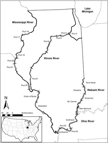 Figure 1. Map of the Illinois River and sections of the Mississippi, Ohio, and Wabash rivers sampled during 2017–2018 under LTEF using DC electrofishing. Lock and dams are represented by bold black lines perpendicular to rivers, whereas different sampling areas in unimpounded reaches are represented by thin double lines.