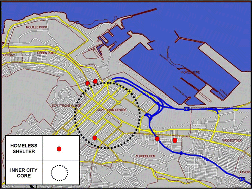 Figure 1: Shelter locations around Cape Town inner city