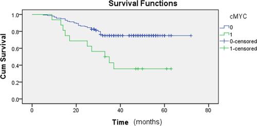 Figure 3 Kaplan-Meier curves and Log rank tests. The results showed that there was a significant difference in survival rate between the c-myc positive and negative groups (P=0.001).