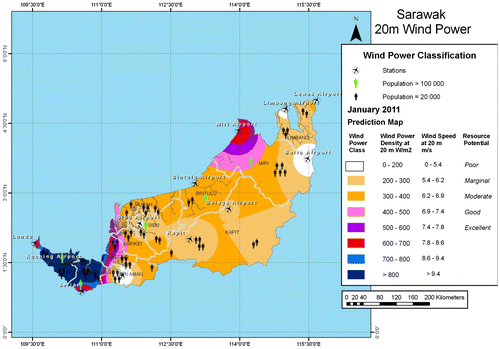 Figure 3. A sample of wind speed map of Sarawak at 20 m.