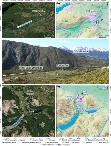 Figure 6. Examples of glaciofluvial landforms in the study area. (a) Location of catastrophic flood landforms and direction of final palaeolake drainage in the Río Cisnes valley. (b) Mapped catastrophic flood landforms along the banks of the modern Río Cisnes, adjacent to the CIS 5 moraine. Includes the location of (c). (c) Catastrophic flood landform in the foreground, adjacent to the CIS 5 moraine. (d) Location and ice-flow direction at Lago La Paloma, the site of a tributary glacier of the main Balmaceda valley. (e) Mapping of the La Paloma glacier, including moraine ridges and proglacial outwash terraces. Proglacial outwash terraces indicate that glaciofluvial drainage from the La Paloma glacier was directed towards the main Balmaceda valley.