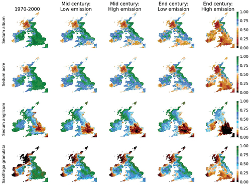 Figure 5. Habitat suitability for Sedum album, S. acre, S. anglicum and Saxifraga granulata in the recent past (1970–2000) and under low and high emission scenarios for mid- and end-century. Areas are coloured according to whether they have a strong (green), moderate (blue) or weak (red/brown) likelihood of presence.