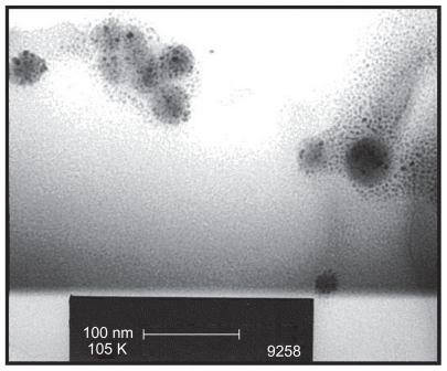 Figure 6 TEM micrograph of spherical crystalline agglomerations produced by microwave induced thermal treatment of nano-HAP powders.Abbreviations: TEM, transmission electron microscopy; HAP, hydroxyapatite.