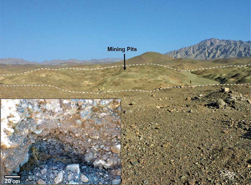 Figure 4. Field photographs of outwash deposits in a wide plain (area: 0.5 km2) within the basement outcrop area in the Betan area, showing many ancient gold mining pits targeting glacially hosted placer gold deposits. Inset: An ancient pit showing moderately sorted, well rounded clasts with sub-horizontal bedding planes that could indicate deposition in a proximal ice marginal meltwater environment.