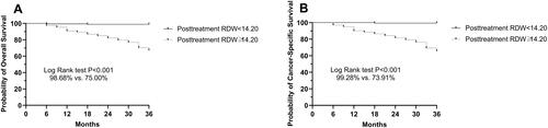 Figure 4 Kaplan-Meier overall survival (OS) and cancer specific survival (CSS) curves stratified by the mean value in terms of post-treatment red cell distribution width (RDW). (A) OS curves stratified based on RDW category. (B) CSS curves stratified based on RDW category.