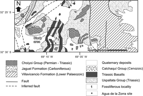 Fig. 3 Location map showing the Agua de la Zorra fossiliferous region, Mendoza province, Argentina.