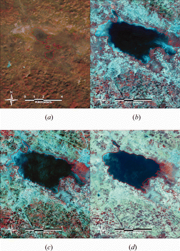 Figure 6. Area of Caohai Lake wetland in each period extracted by remote sensing images. (a)1976, (b) 1992, (c) 2001, (d) 2010.