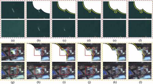 Figure 12. The zoomed details of Figure 11(a–f) are the details of the red rectangle areas in Figure 11(a–f). (g)–(l) are the details of the yellow rectangle areas in Figure 11(a)–(f).