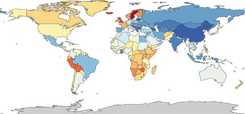 Figure 6. DALYs per 100,000 in patients with atopic dermatitis, both sexes all ages, 2015 [52(red) to 280 (darkblue)] (https://vizhub.healthdata.org/gbd-compare/)