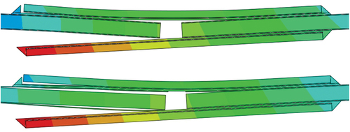 Figure 15. The displacement field in the simulated DSJ-crack FE model: with only cohesive (CZM) failure modelled for adhesive part (upper image), with cohesive (CZM) failure and delamination in CFRP parts with cohesive strength of 25 MPa (lower image). 3X magnification (of deformation) applied for clarity in the images.