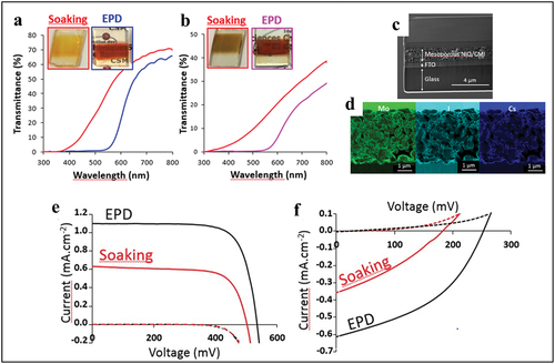 Figure 14. Comparison of the optical properties between (a) CMI@TiO2@FTO and (b) films CMI@NiO@FTO prepared by EPD at 20 V and 15 V for 30 s, respectively, or soaking method (for 48h) from a CMI solution at 17 mM in acetone. (c) SEM image of a cross-section a CMI@NiO@FTO photoelectrode obtained at 10 V for 30 s and (d) EDS analyses on the mesoporous NiO/CMI layer. Comparison of photoresponses in the dark (dash lines) and underAM1.5 illumination (1000 W.m−2, solid line) of photovoltaic cells prepared from (e) CMI@TiO2@FTO and (f) CMI@NiO@FTO photoelectrodes colored by soaking method or by EPD during 30 s at 20 and 15 V, respectively. The used electrolytes were the I-/I3- and the cobalt complex CMI@TiO2@FTO and CMI@NiO@FTO photoelectrodes, respectively. Reproduced from 99 with permission from Elsevier.