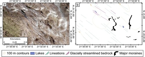 Figure 7. Glacial lineations and associated glacially streamlined bedrock, locally overlain by moraines, and recording a former north-westerly ice flow direction: (a) image from norgeibilder.no (24/08/2016), (b) subset of resulting map (presented at 1:12,000 scale). Approximate image location: 69°30′48.99″N, 21°32′11.01″E.