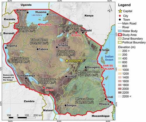 Figure 1. The study area includes the mainland of Tanzania and comprises eight irrigation zones.