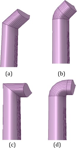 Figure 3. 3D tip region view of NREL Phase VI blade with a comparable surface (wetting) area but different winglet configurations; a & b are with winglet length 90 mm and cant angle 45° oriented towards the suction side; c & d are with winglet length 90 mm and cant angle 90° oriented towards the suction side; sharp and smooth bent respectively.