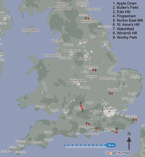 fig 2 Map identifying the locations of the nine early medieval cemeteries included in this research. Source: Google My Maps [online] Base map: Light Landmass; Map data © 2022 GeoBasis-DE/BKG (© 2009), Google.