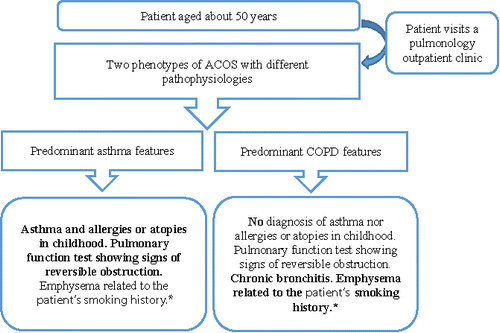 Figure 6. Characteristics of the two phenotypes of ACOS proposed by pulmonologists in the focus groups. *The patients share characteristics of asthma and COPD. The bottom boxes include features found in each phenotype of ACOS. Predominant features of each phenotype are indicated in bold font. ACOS, asthma–chronic obstructive pulmonary disease overlap syndrome; COPD, chronic obstructive pulmonary disease.