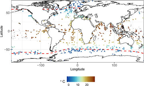 Fig. 2 Proxy-based measurements of LGM SST and maximum sea-ice extents. Annual and summer mean SST’s are represented by points and triangles, respectively. Sea-ice extents are represented by a red dashed line. The Southern sea-ice extent is as reported in Gersonde et al. (Citation2005) and the Northern sea-ice extent is provided by coauthors.