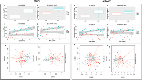 Figure 2. Bacterial alpha and beta diversity for stool (CF n = 33, HC n = 33) and airway samples (CF n = 41, HC n = 41). Richness was determined by number of zOTUs (a) and Shannon diversity index (b). Shaded regions represent 95% confidence intervals constructed from generalized linear models controlling for age; solid line represents mean. Beta diversity was calculated with Bray-Curtis dissimilarity to generate non-metric multidimensional scaling (NMDS) plots based on relative abundances (e) and presence/absence data (f).