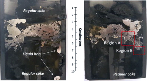 Figure 4. Photographs of two halves of quenched iron ore sinter bed at 1550°C.