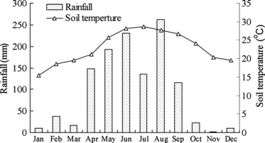 Figure 2 Monthly mean soil temperature (measured at a soil depth of 5 cm) and rainfall amount at Heshan station in 2007.