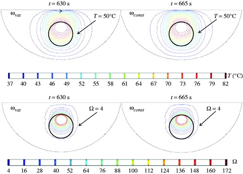 Figure 11. Temperature and thermal damage contours at the end of the heating treatment: left panes represent that when the blood perfusion rate is temperature dependent, while the right panes give that when the blood perfusion rate is assumed unchanged during the treatment.