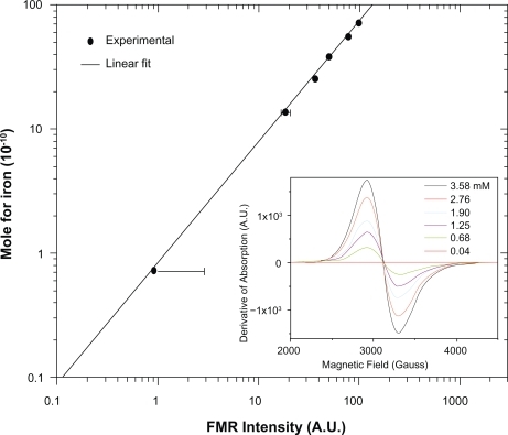 Figure 2 FMR calibration curve of the SPIONs concentration related with the area under the resonance absorption curve at g = 2.1. In the inset there are presented the typical FMR spectra at different concentrations of magnetite contained in the ferrofluid.Abbreviations: FMR, ferromagnetic resonance; SPIONs, superparamagnetic iron oxide nanoparticles.