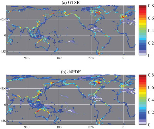 Figure 8. Comparison of 100-year return value of global extreme sea level along the coast derived from (a) reanalysis data (GTSR; Muis et al., 2016) and (b) this study. The value at each location is normalized by the global maximum value (unit: ratio).