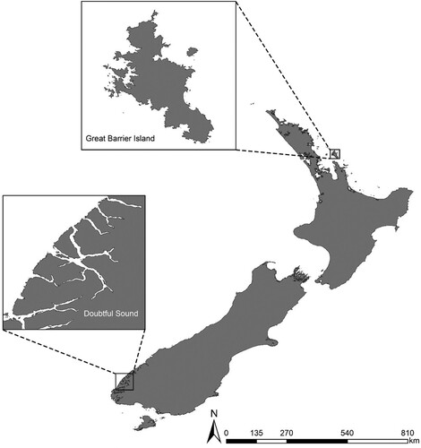 Figure 1. Map of New Zealand showing the locations where acoustic data was collected. Inset: Doubtful Sound, bottom, and Great Barrier Island, top.