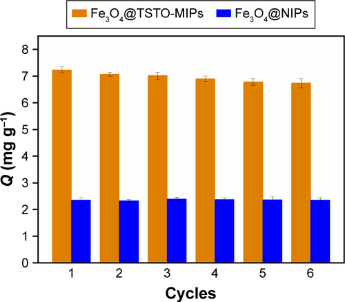 Figure S2 The reusability of Fe3O4@TSTO-MIPs and Fe3O4@NIPs toward TSTO.Abbreviations: MIPs, molecularly imprinted polymers; NIPs, nonimprinted polymers; TSTO, testosterone.