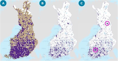 Figure 8. (A) The areas with contributions (purple), the areas without contributions (yellow), and empty areas where there are no inaccurate border markers (white) displayed on a 10-km² grid. (B) The accumulated contributions on the 10 km² grid show regional hotspots. (C) The region with the marketing campaign (South to -West) and the region with the self-organised mapping party (North to East)