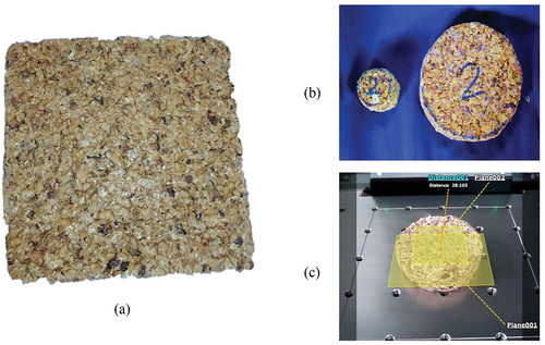 Figure 2. Coffee silver skin (a) composite samples, (b) composite sample testing, (c) size and density measurement.