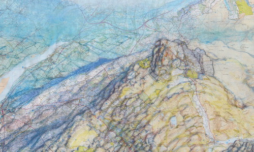 Figure 1. Detail from Snowdon (Yr Wyddfa) West Sheet (Taflen y Gorliewin) (2018), tempera on map paper (126×94 cm), by Uwe Walther (reproduced courtesy of the artist and the John Martin Gallery).