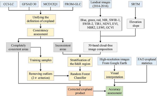 Figure 2. Flow chart of data fusion and correction of the four cropland products (CCI-LC, GFSAD30, MCD12Q1, and FROM-GLC)