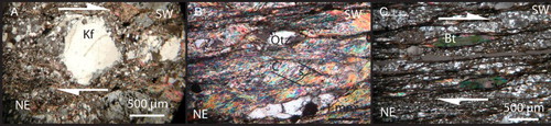 Figure 7. Microstructures. (A) δ structure around a rotated K-felspar porphyroblast; (B) S-C’ systems and δ structures around quartz porphyroblastes; (C) biotite mica-fish. All these microstructures indicate a dextral (‘top to SW’) sense of shearing.